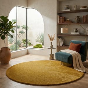 Golden round hand tufted wool rug in cozy bedroom corner with chair, minimalist Scandinavian floor carpet decor