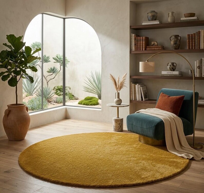 Golden round hand tufted wool rug in cozy bedroom corner with chair, minimalist Scandinavian floor carpet decor