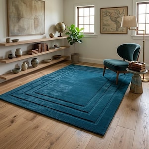Blauwgroen handgetuft wollen vloerkleed, modern minimalistisch effen tapijt, luxe zachte vloermat voor woonkamer slaapkamer woondecoratie