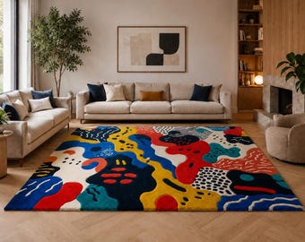 Colorful Abstract Wool Rug, Hand Tufted Modern Area Rug, Geometric Art Carpet for Living Room Bedroo