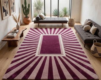 Large 8x10 Burgundy Area Rug, Hand Tufted Wool Rug, Modern Geometric Sunburst Carpet, Retro Abstract Living Room Bedroom Decor