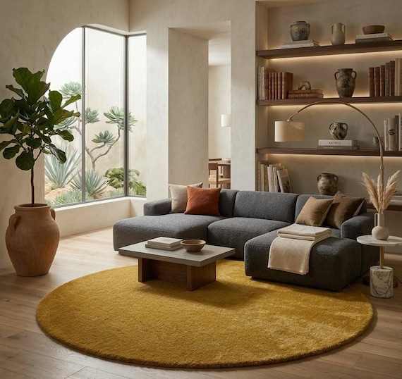 Round Mustard Wool Rug Hand Tufted Wool Carpet, Modern Minimalist Area Decor, Golden Solid Floor Mat for Living Room Bedroom