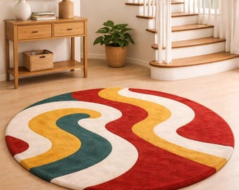 Retro Abstract Round Rug, Colorful Wave Area Rug, Modern Boho Circle Carpet, Red Yellow Green Cream Living Room Rug, Statement Floor Decor