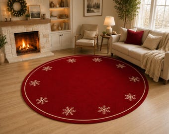 Red Christmas Round Rug, Hand Tufted Wool Carpet, Cream Snowflake Holiday Decor for Living Room Bedroom