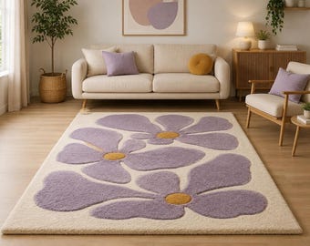 Lavender Floral Tufted Wool Rug, Cream Abstract Flower Carpet, Modern Boho Bedroom Living Room Decor, Cozy Aesthetic Floor Covering