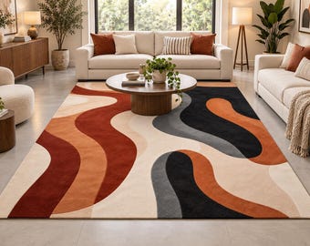 8x10 Area Rug, Abstract Modern Rug, Rust Black Cream Orange Wool Rug, Large Living Room Rug, Contemporary Home Decor