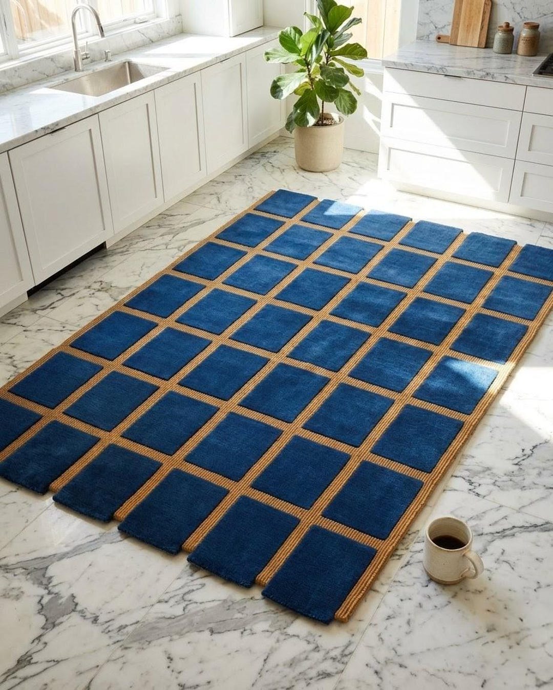 Hand Tufted Blue Checkered Rug, Modern Geometric Wool Rug, Luxury Grid ...
