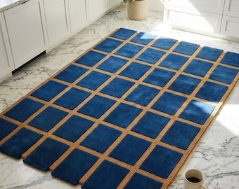 Hand Tufted Blue Checkered Rug, Modern Geometric Wool Rug, Luxury Grid Pattern Area Rug, Minimalist Living Room Bedroom Decor