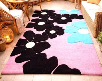 Hand Tufted Floral Rug Pink Black Daisy Rug, Aesthetic Boho Area Rug, Modern Abstract Flower Carpet, Living Room Bedroom Decor