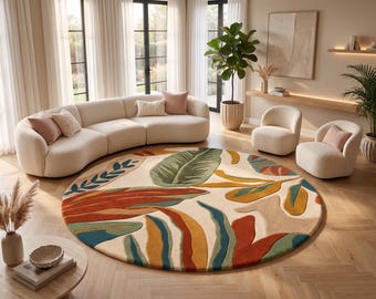 Hand Tufted Wool Rug, Abstract Boho Area Rug, Colorful Organic Oval Carpet, Modern Living Room Bedroom Decor