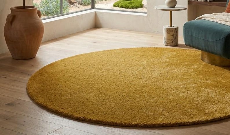 Round mustard wool rug edge detail on wooden floor, handmade tufted minimalist circle carpet texture view
