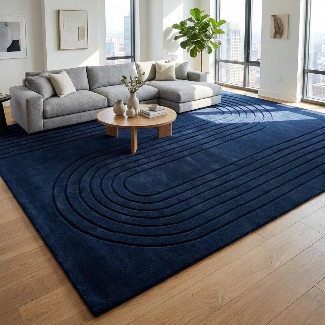 Hand Tufted Navy Blue Rug, Modern Abstract Carpet, Large Area Rug ...