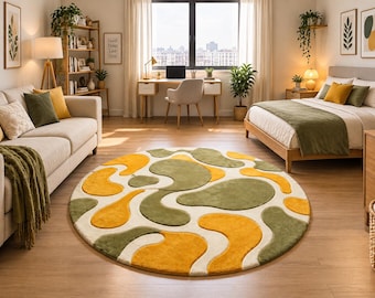 Round Abstract Wool Rug, Olive Green & Mustard Area Rug, Hand Tufted Modern Rug