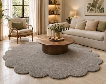 Grey Organic Area Rug, Hand Tufted Wool Carpet, Scalloped Flower Floor Decor, Modern Boho Living Room Bedroom