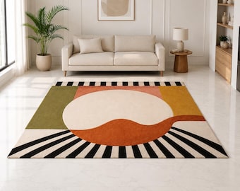 Hand Tufted Wool Abstract Area Rug, Modern Geometric Rectangle Carpet, Cream Rust Olive Black Living Room Decor