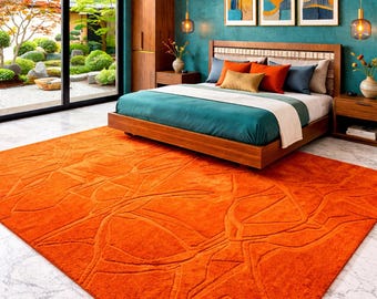 Modern Orange Area Rug, Handmade Tufted Rug, Abstract Textured Carpet, Large Living Room Rug, Bedroom Floor Rug, Contemporary Home Decor