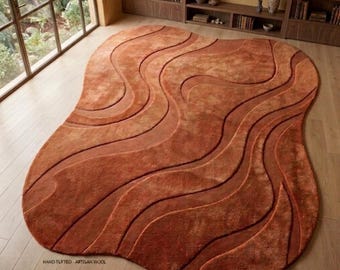 Abstract Wave Handmade Wool Rug – Modern Boho Organic Shape Carpet, Hand Tufted Statement Rug for Living Room Bedroom Decor