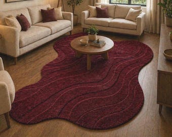 Burgundy Abstract Irregular Rug, Hand Tufted Wool Area Rug, Modern Wavy Designer Rug, Luxury Living Room Carpet, Aesthetic Boho Floor Rug