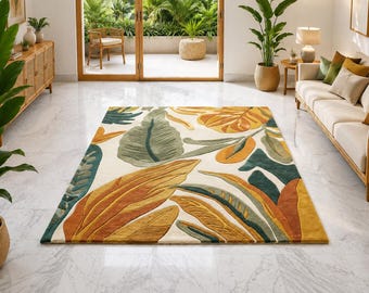 Hand Tufted Wool Tropical Leaf Rug, Modern Botanical Area Rug, Boho Living Room Carpet, Luxury Bedroom Decor, Handmade Rug