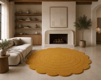 Mustard Wool Rug, Hand Tufted Round Carpet, Scalloped Boho Decor, Modern Cozy Living Room Bedroom Luxury Floor Covering