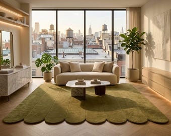 Olive Green Scalloped Wool Rug, Organic Modern Area Carpet, Hand Tufted Living Room Bedroom Decor, Cozy Luxury Floor Accent