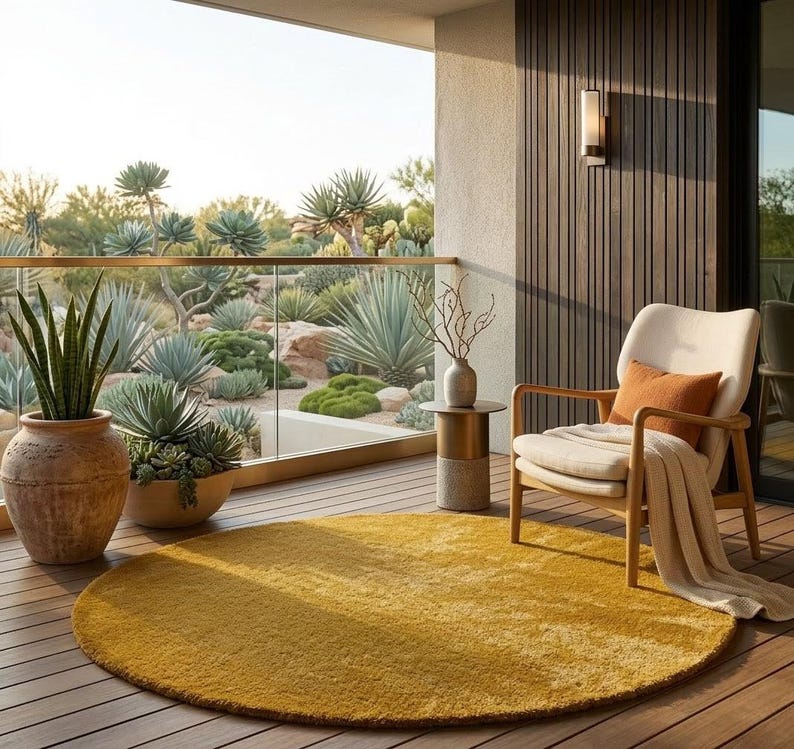 Mustard round wool area rug on balcony seating space, modern minimalist hand tufted circle rug for cozy outdoor lounge decor