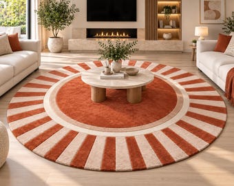 Round Hand Tufted Wool Rug, Terracotta Cream Sunburst Rug, Modern Geometric Area Rug, Living Room Bedroom Decor, Boho Floor Rug