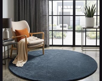 Round Blue Wool Rug Hand Tufted Wool Carpet, Modern Minimalist Area Decor, Solid Navy Floor Mat for Living Room Bedroom