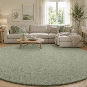 Sage Green Round Hand Tufted Wool Rug, Plush Minimalist Floor Carpet, Cozy Luxury Decor for Living Room Bedroom Office