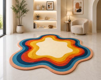 Hand Tufted Wool Abstract Rug, Colorful Irregular Wavy Area Rug, Modern Boho Carpet for Living Room Bedroom Luxury Decor