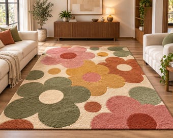 9x12 ft Hand Tufted Wool Rug, Floral Abstract Area Rug, Modern Boho Living Room Decor, Large Colorful Floor Rug
