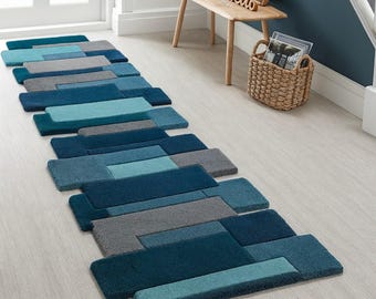 Modern Geometric Blue Hallway Runner Rug | Handmade Tufted Carpet |soft runner carpet