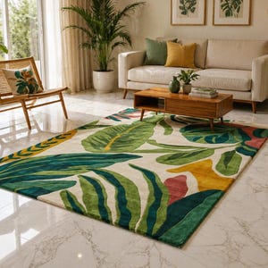 Hand Tufted Tropical Leaf Rug, Modern Boho Area Rug, Green Botanical Wool Carpet, Luxury Living Room Rug, Abstract Nature Floor Decor