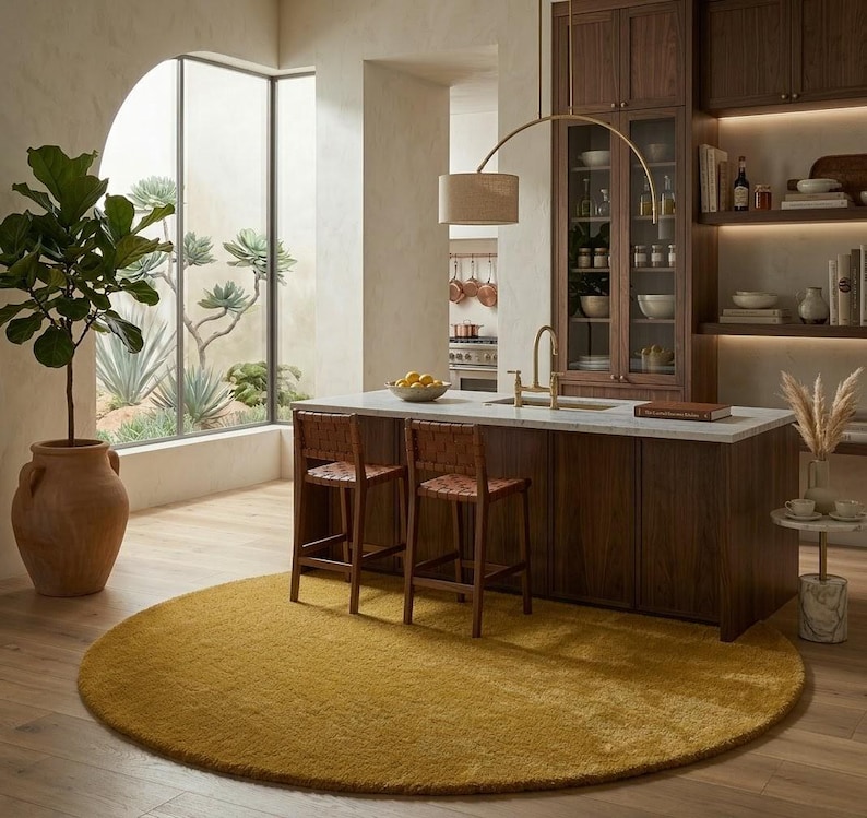 Golden round wool rug under kitchen island, handmade tufted circle carpet for modern kitchen dining space with wooden flooring
