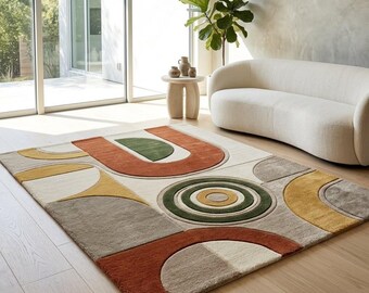 Modern Geometric Abstract Rug, Hand Tufted Wool Area Rug, Mid Century Style, Beige Green Rust Living Room Rug, Luxury Designer Statement Rug