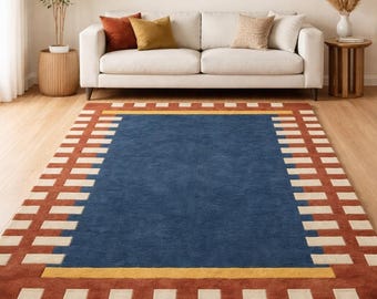 Alfombra moderna abstracta tejida a mano, alfombra geométrica azul marino y óxido, alfombra de lujo para sala de estar, alfombra estética para dormitorio, alfombra de lana hecha a mano