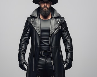 Men’s Black Leather Trench Coat Long Gothic Biker Duster Handmade Custom Fit Leather Winter Coat
