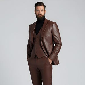 Men’s Brown Leather Suit Set – Handmade Genuine Leather Blazer Pants & Vest – Custom Slim Fit Luxury Formal Leather Outfit