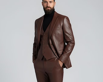 Men’s Brown Leather Suit Set – Handmade Genuine Leather Blazer Pants & Vest – Custom Slim Fit Luxury Formal Leather Outfit