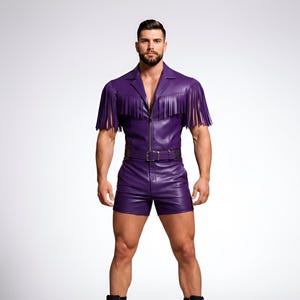 May include: A purple leather romper with fringe detailing on the sleeves. The romper features a zip-up front, a belt at the waist, and short shorts. The outfit is paired with black combat boots. The background is a plain white.