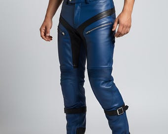 Men Blue Black Leather Pants, Biker Leather Trousers, Custom Motorcycle Pants, Gothic Utility Leather Pants, Handmade Leather Pants