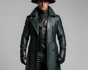 Men’s Green Leather Trench Coat Long Overcoat | Handmade Genuine Leather Coat | Custom Fit Winter Leather Jacket
