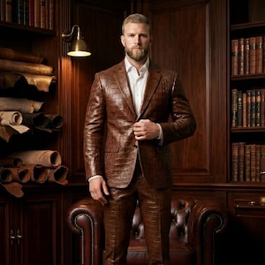 May include: A brown leather suit with a crocodile pattern. The suit includes a two-button jacket and matching trousers. The person is wearing a white dress shirt and black dress shoes. The background features a library setting with bookshelves and leather-bound books.