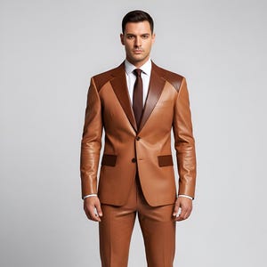 Men's Tan & Brown Leather Suit | Custom Tailored Blazer Pants Set
