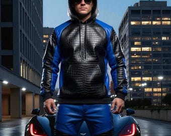 Leren krokodillentrainingspak heren | Handgemaakte zwart-blauwe hoodie en broek
