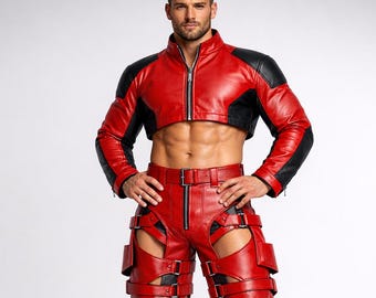 Conjunto de chaqueta corta de cuero rojo y pantalones con arnés para hombre: traje de motociclista futurista de cuero, disfraz de festival de cuero.