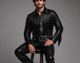Men’s Black Fringe Leather Outfit Set, Studded Western Rock Star Jacket & Leather Pants, Gothic Cowboy Concert Fashion