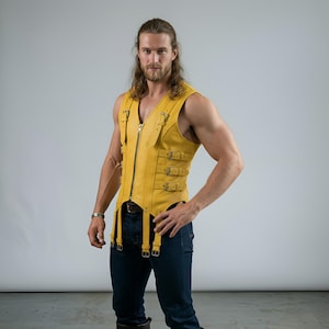 Handmade Yellow Leather Vest Men Strap Buckle Vest Gothic Biker Vest Sleeveless Leather Jacket Festival Outfit Custom Fit image 4