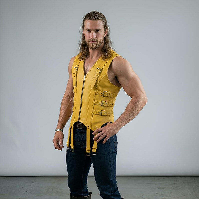 Handmade Yellow Leather Vest Men Strap Buckle Vest Gothic Biker Vest Sleeveless Leather Jacket Festival Outfit Custom Fit image 4