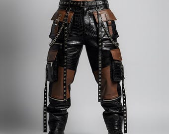 Gothic Croc-Embossed Leather Cargo Pants | Handmade Biker Trousers